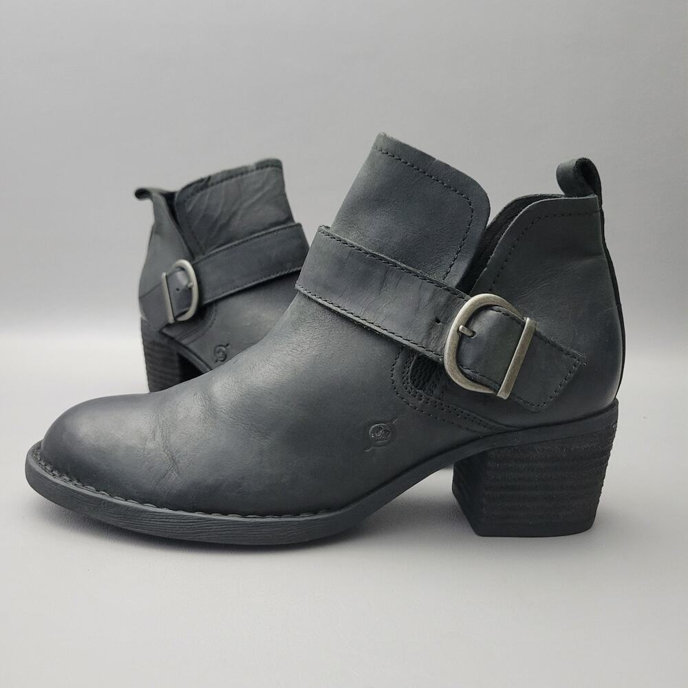 Born Royce Ankle Boots Womens 8 Black Leather Side Buckle Moto Boho